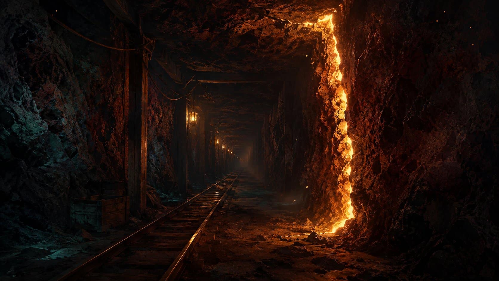Tunnel de minage à la couche Y 15 dans le Nether de Minecraft, lueur de lave au loin
