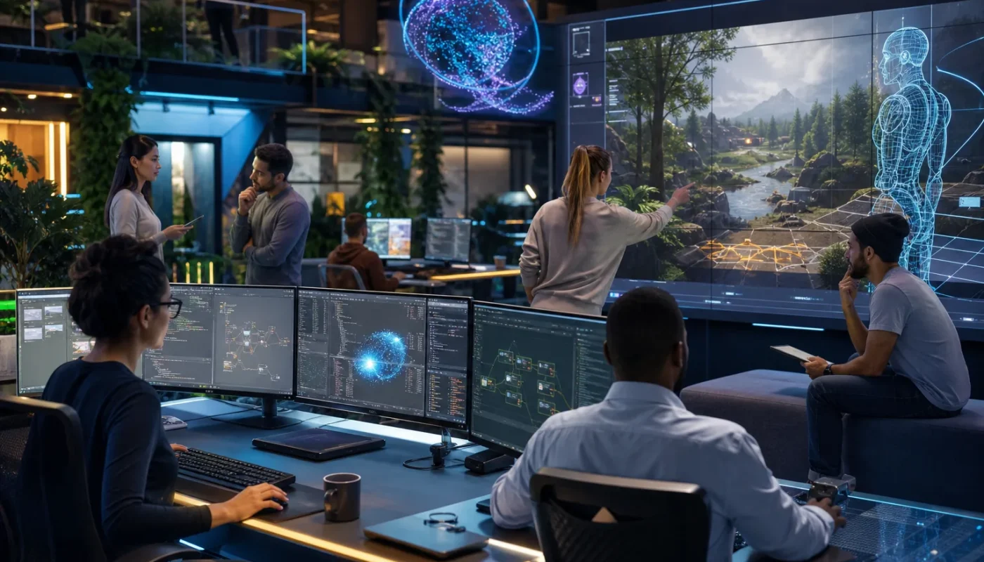 Développeurs créant un jeu vidéo avec intelligence artificielle