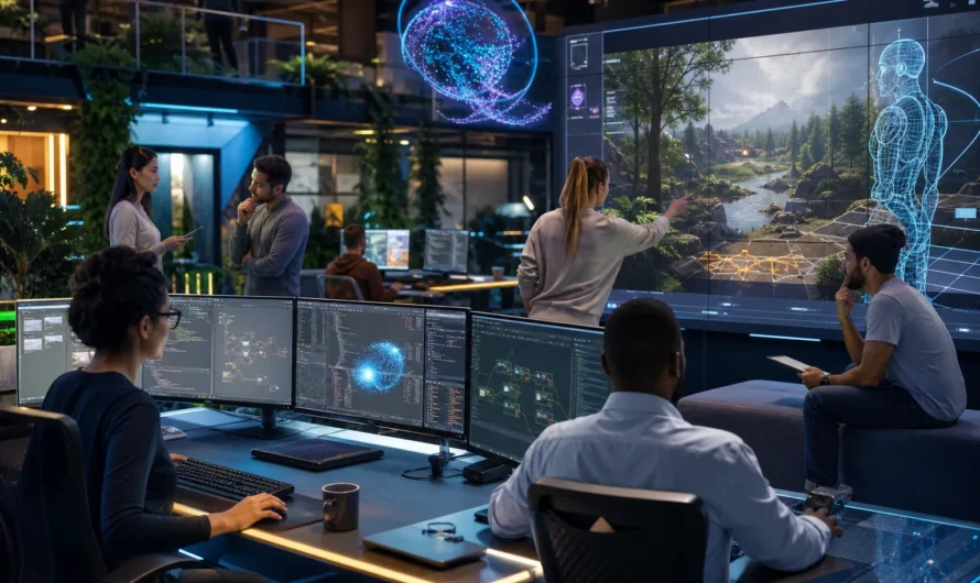 Développeurs créant un jeu vidéo avec intelligence artificielle