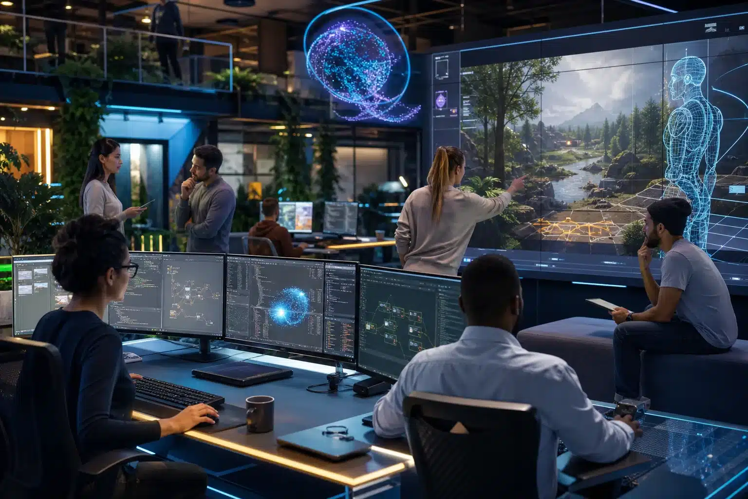 Développeurs créant un jeu vidéo avec intelligence artificielle