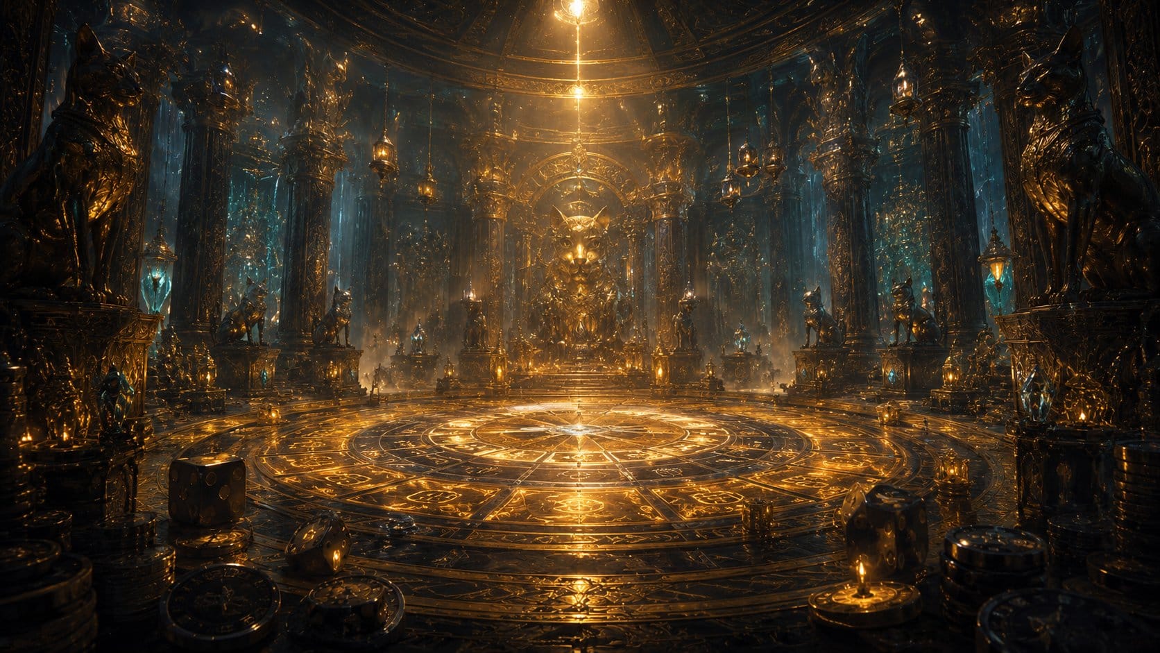 Arène-temple d'Ecaflipus avec un sol évoquant une roulette de casino, ambiance dorée et tendue
