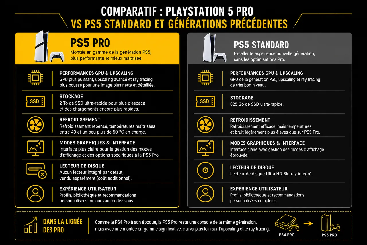 PS5 Pro : faut-il craquer pour la console de Sony en 2026 ? , Comparatif : Playstation 5 Pro vs PS5 standard et générations précédentes