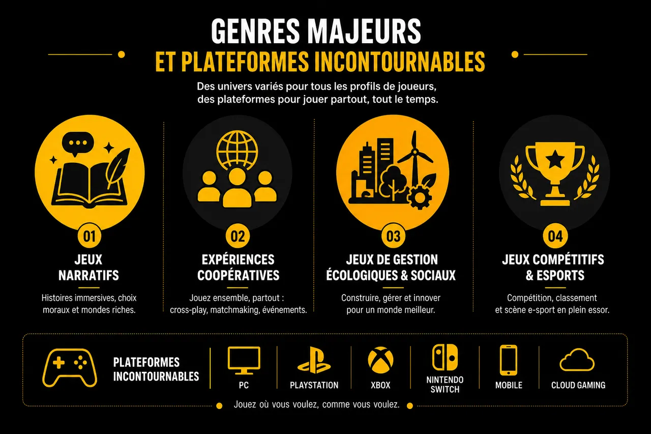 Jeux vidéo en 2026 : panorama complet des genres, plateformes et tendances , Genres majeurs et plateformes incontournables