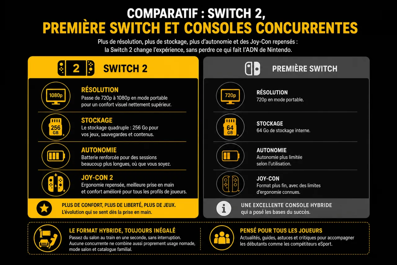 Switch 2 : ce que l’on sait (vraiment) de la prochaine console de Nintendo en 2026 , Comparatif : Switch 2, première Switch et consoles concurrentes