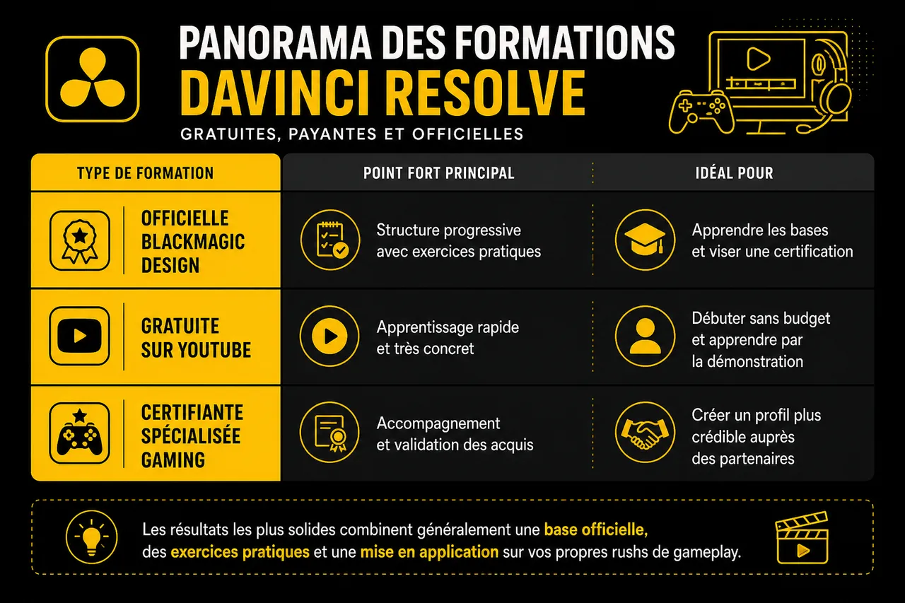 DaVinci Resolve pour créateurs de contenu gaming: notre guide complet 2026 , Panorama des formations DaVinci Resolve: gratuites, payantes et officielles