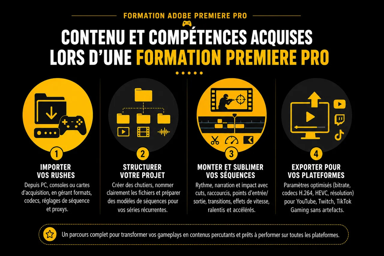 Devenir créateur de contenu gaming: maîtriser Adobe Premiere Pro , Contenu et compétences acquises lors d’une formation Premiere Pro