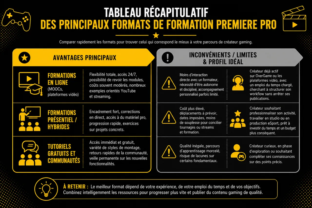 Devenir créateur de contenu gaming: maîtriser Adobe Premiere Pro , Tableau récapitulatif des principaux formats de formation Premiere Pro