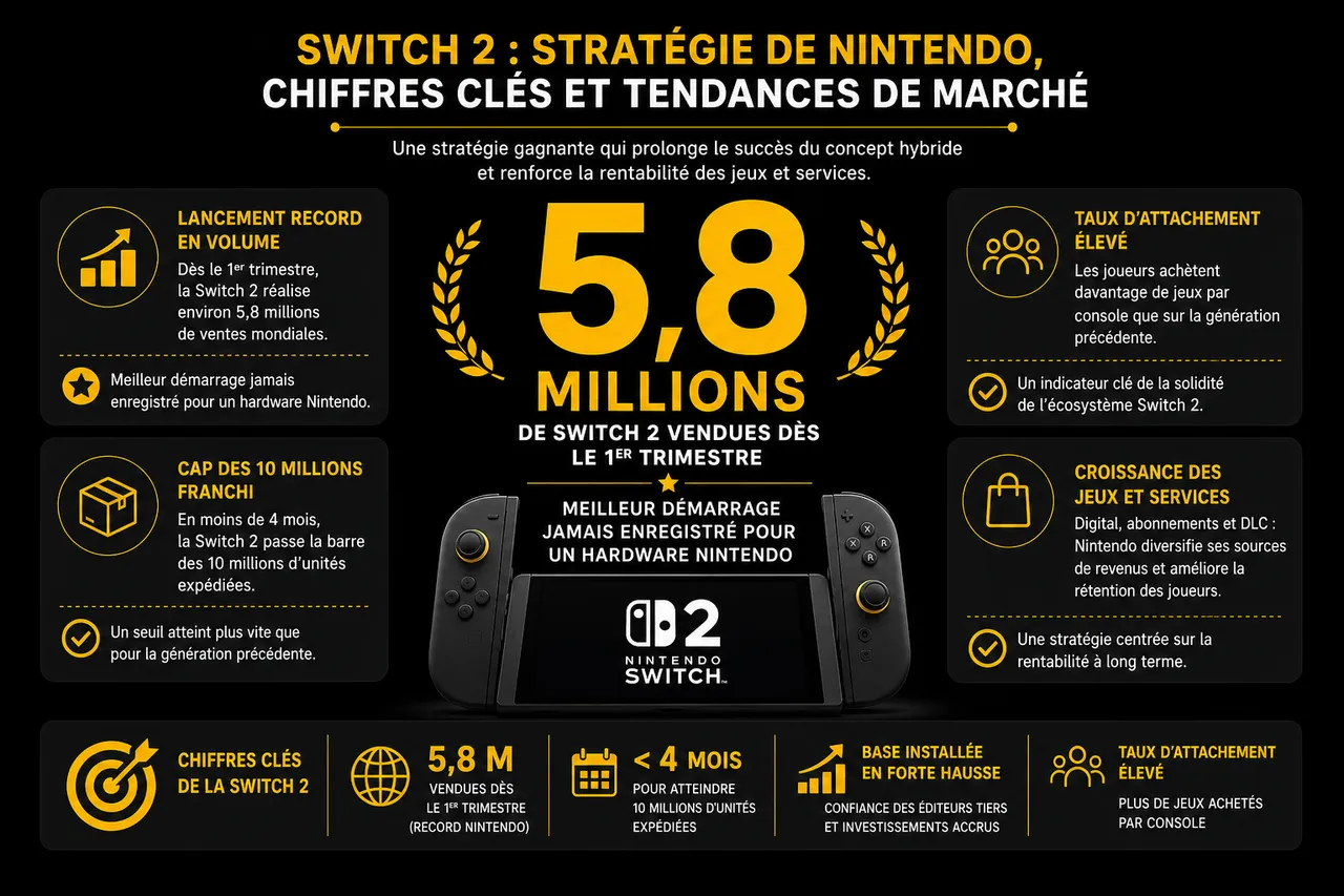 Nintendo Switch 2 en 2026 avec date de sortie, prix attendu et premiers jeux rumeurs , Stratégie de Nintendo, chiffres clés et tendances de marché