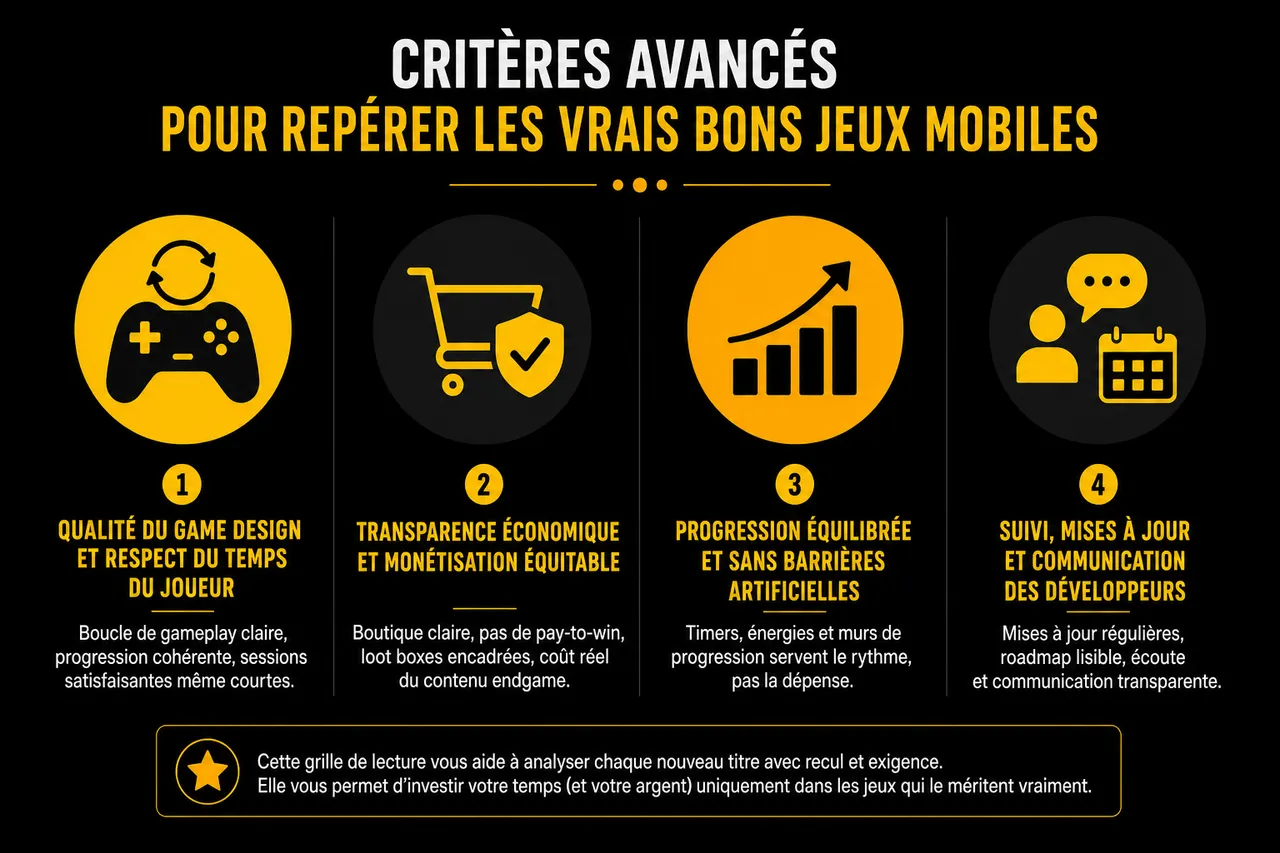 Jeux sur mobile pour gamers exigeants, comment trouver les vrais bons titres? , Critères avancés pour repérer les vrais bons jeux mobiles