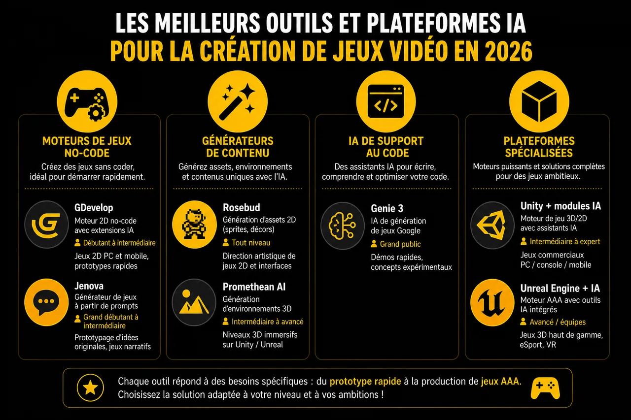 Comment créer un jeu vidéo avec l'IA: tutoriel complet pour débutants , Les meilleurs outils et plateformes IA pour la création de jeux vidéo en 2026