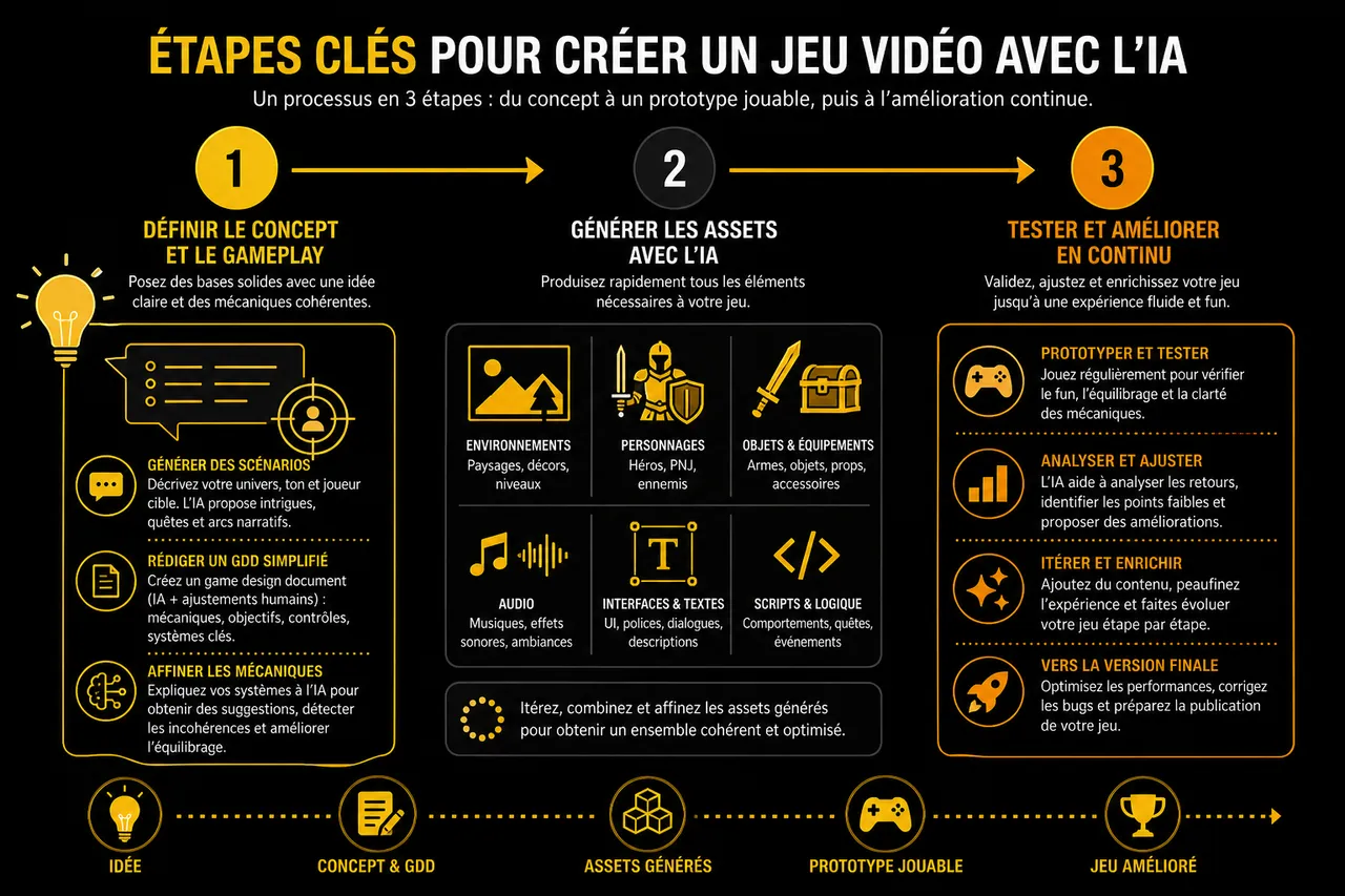 Comment créer un jeu vidéo avec l'IA: tutoriel complet pour débutants , Étapes clés pour créer un jeu vidéo avec l’IA