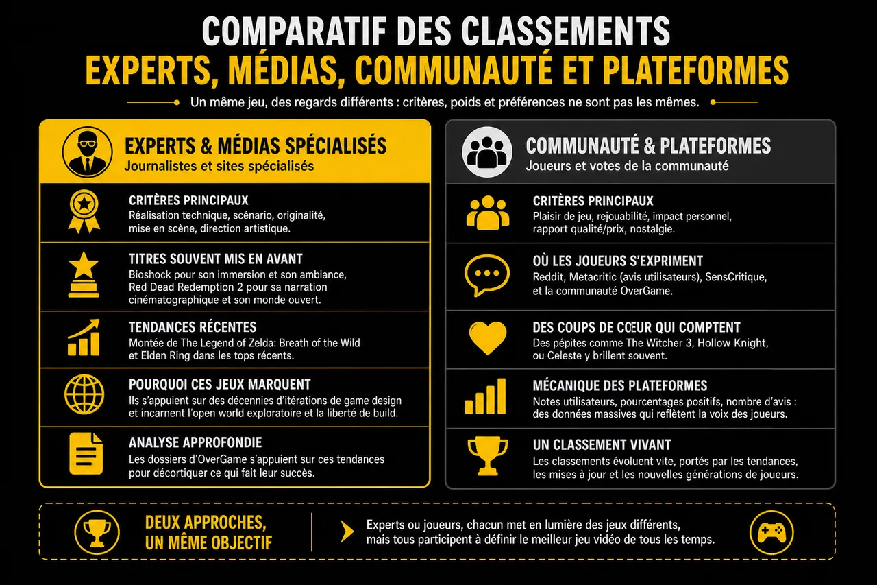 Quel est vraiment le meilleur jeu vidéo de tous les temps? , Comparatif des classements: experts, médias, communauté et plateformes