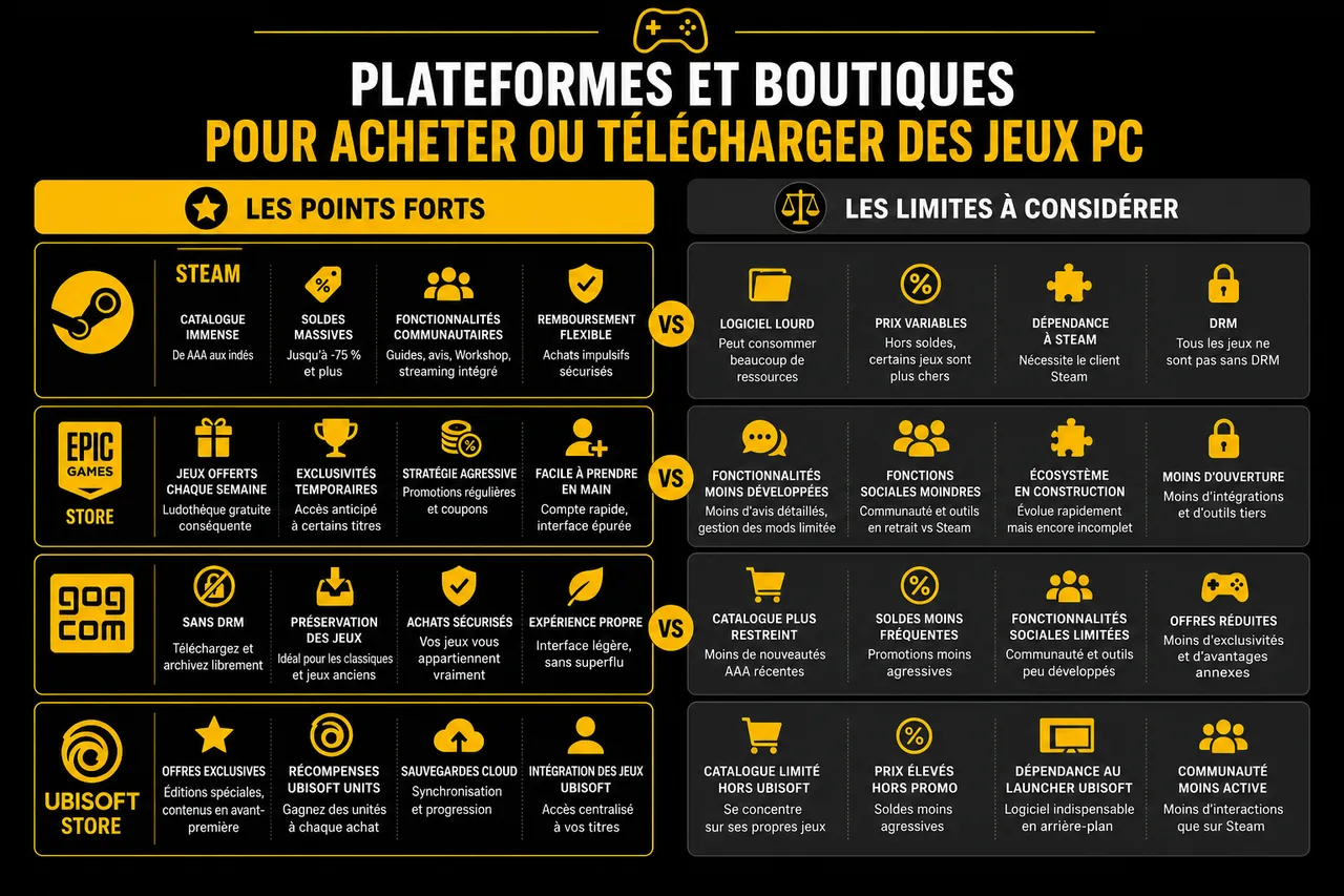 Jeux PC en 2026 avec configuration, plateformes et titres à suivre pour en profiter au maximum , Plateformes et boutiques pour acheter ou télécharger des jeux PC