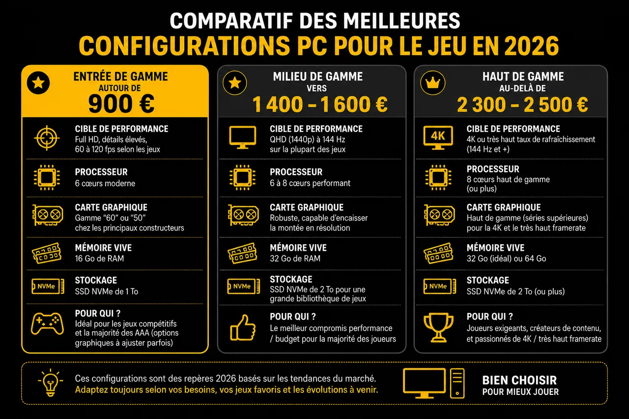 PC de jeux en 2026 et comment monter ou choisir une machine vraiment taillée pour le gaming? , Comparatif des meilleures configurations PC pour le jeu en 2026