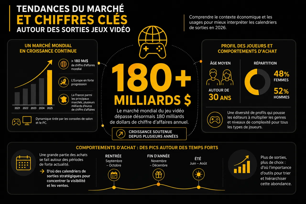 Sorties jeux vidéo 2026 avec calendrier des grosses sorties (et des pépites à surveiller) , Tendances du marché et chiffres clés autour des sorties jeux vidéo