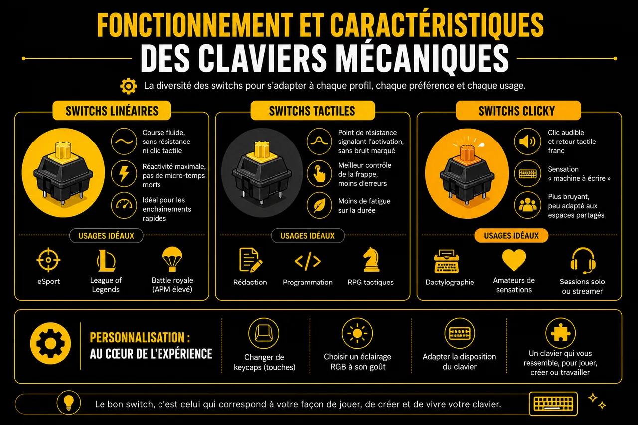 Clavier mécanique ou membrane, lequel choisir pour jouer? , Fonctionnement et caractéristiques des claviers mécaniques