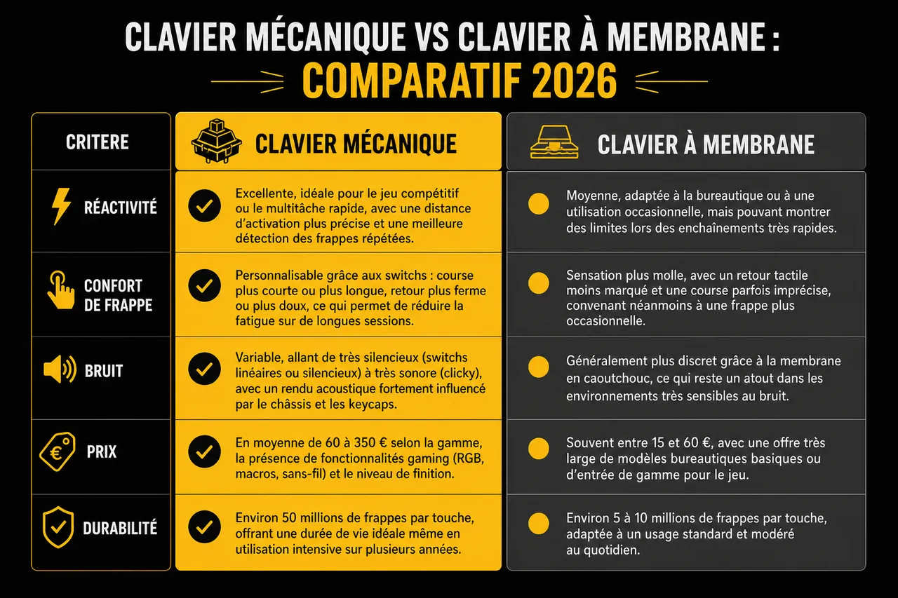 Clavier mécanique ou membrane, lequel choisir pour jouer? , Clavier mécanique vs clavier à membrane: comparatif 2026