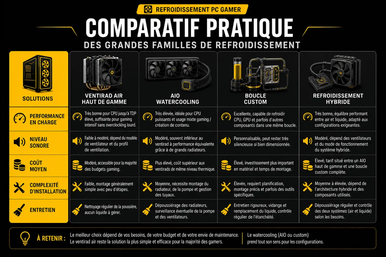 Refroidissement pc gamer et ce qu’on oublie souvent avant de monter sa machine , Comparatif pratique des grandes familles de refroidissement