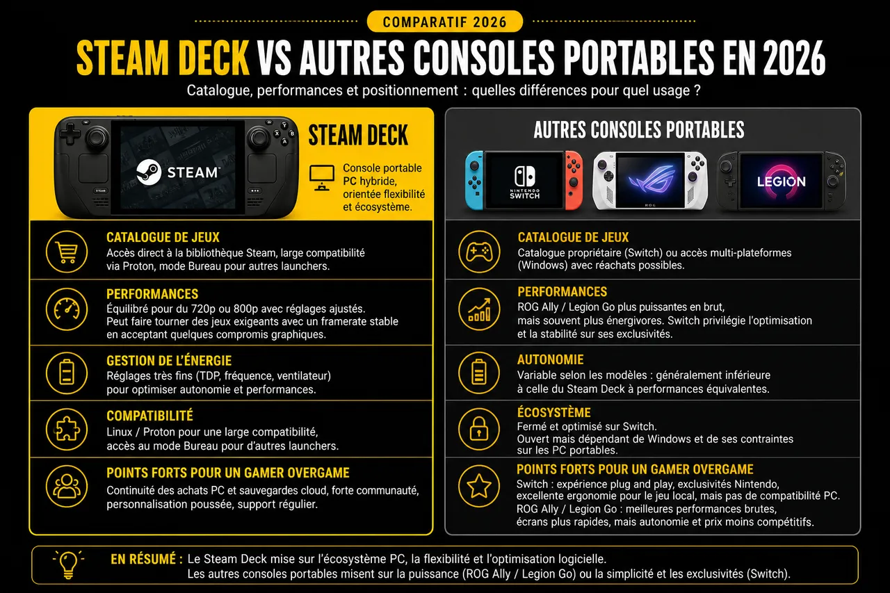 Steam Deck en 2026 et pour qui la console portable a vraiment du sens , Comparatif: Steam Deck vs autres consoles portables en 2026