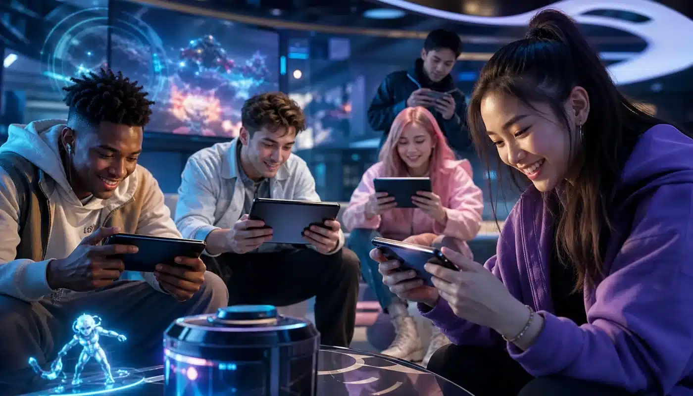 Jeux mobile populaires en 2026 avec joueurs utilisant smartphones