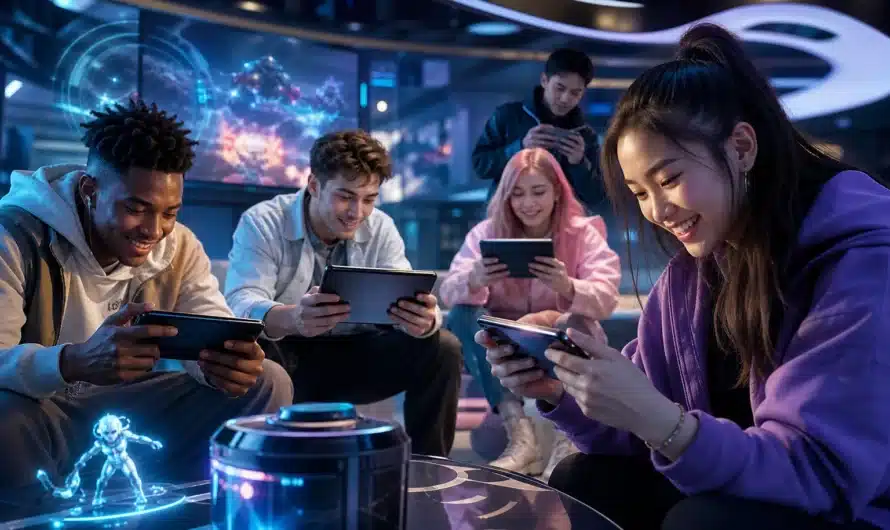 Jeux mobile populaires en 2026 avec joueurs utilisant smartphones