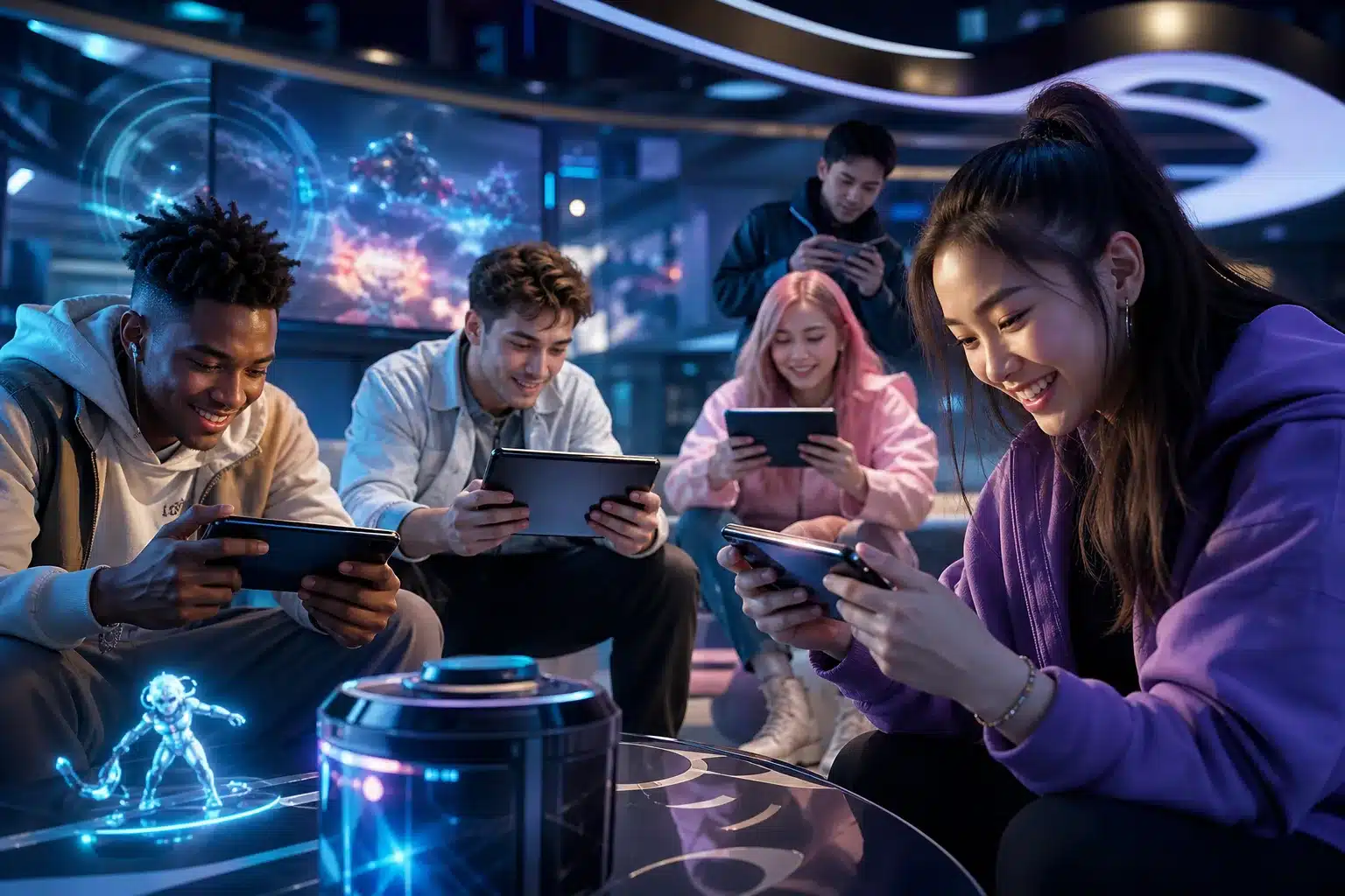 Jeux mobile populaires en 2026 avec joueurs utilisant smartphones