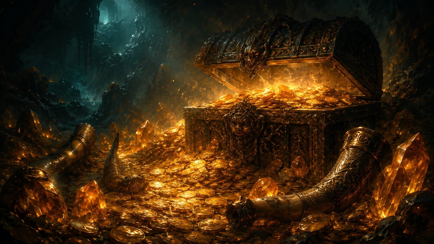 Pièces d'or et artefacts précieux baignés d'une lumière dorée, illustrant les récompenses de la quête On ne prête qu'à Richard