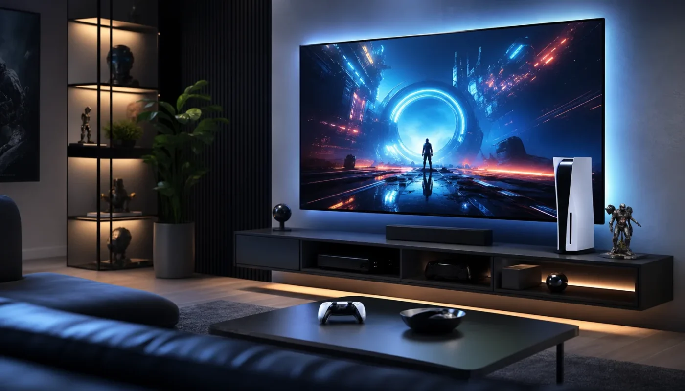 Console PS5 Pro avec manette et ambiance gaming moderne