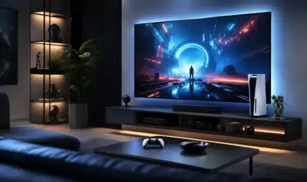 Console PS5 Pro avec manette et ambiance gaming moderne
