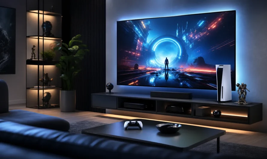 Console PS5 Pro avec manette et ambiance gaming moderne