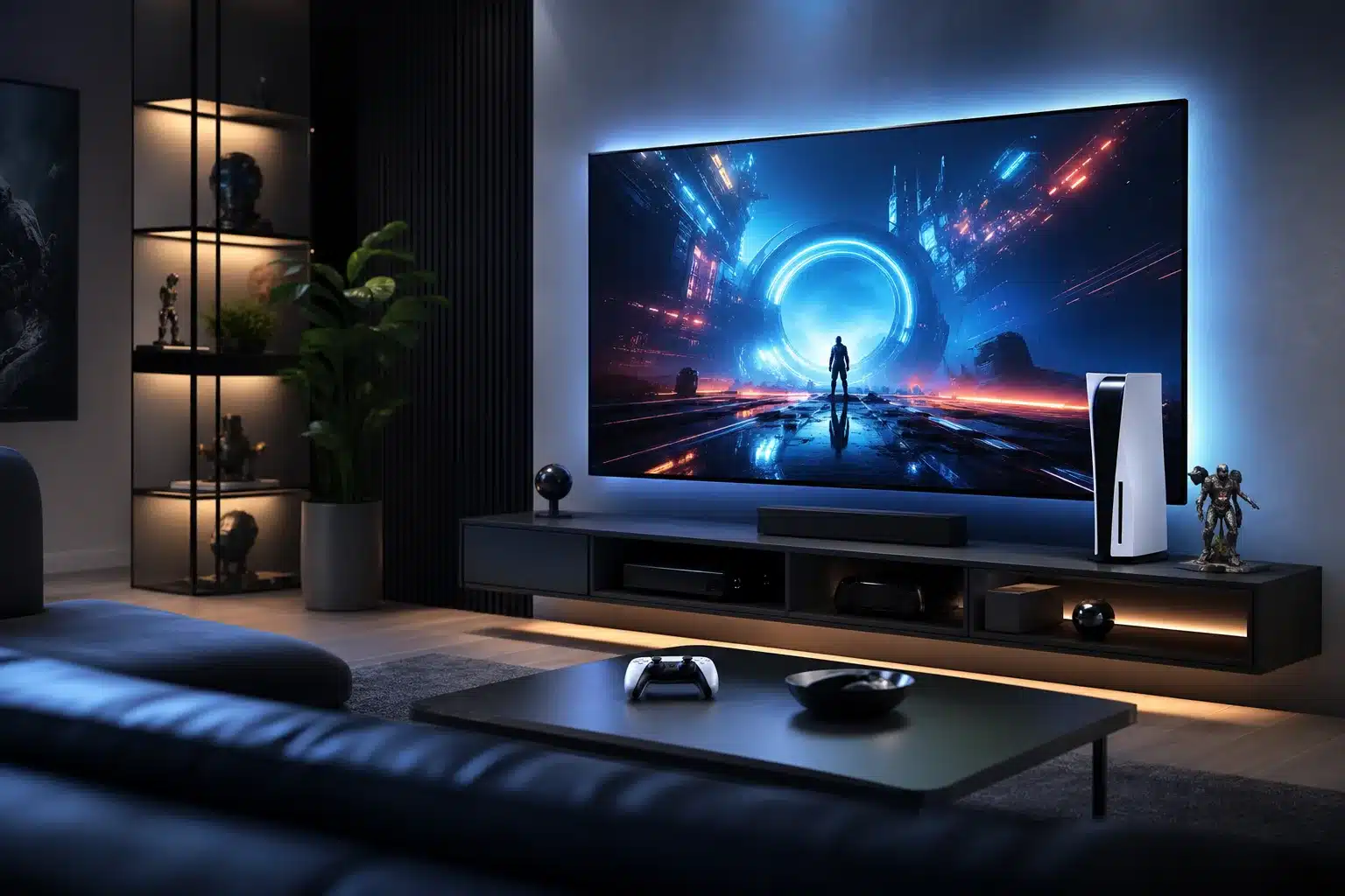 Console PS5 Pro avec manette et ambiance gaming moderne