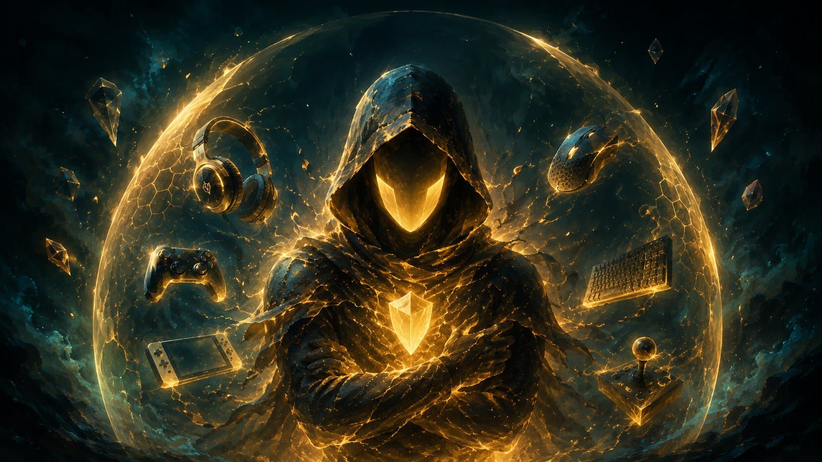 Avatar masqué nimbé d'une lueur dorée, évoquant l'anonymat et la protection de l'identité en ligne