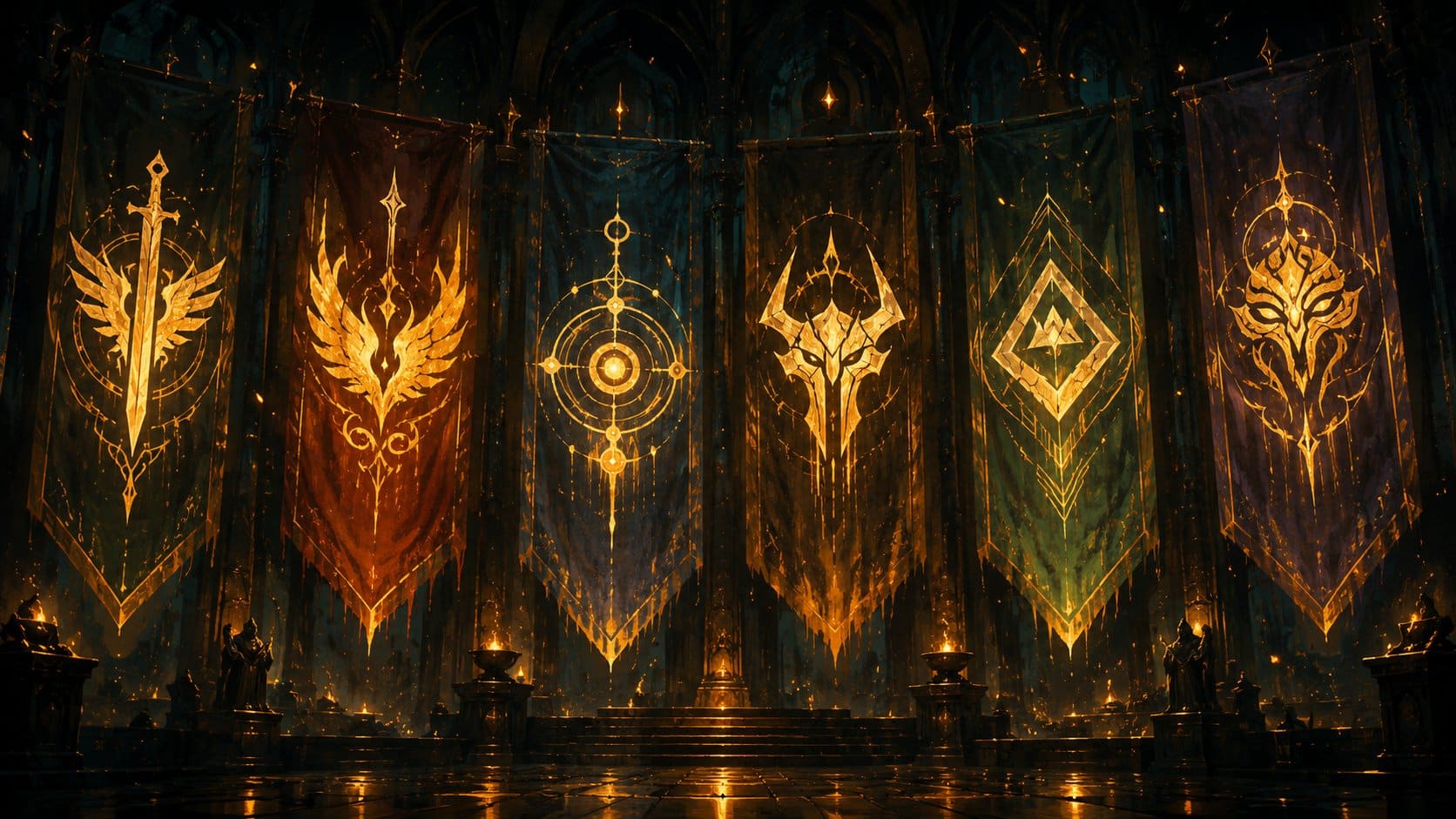 Emblèmes lumineux dorés représentant différents styles de pseudos gamer