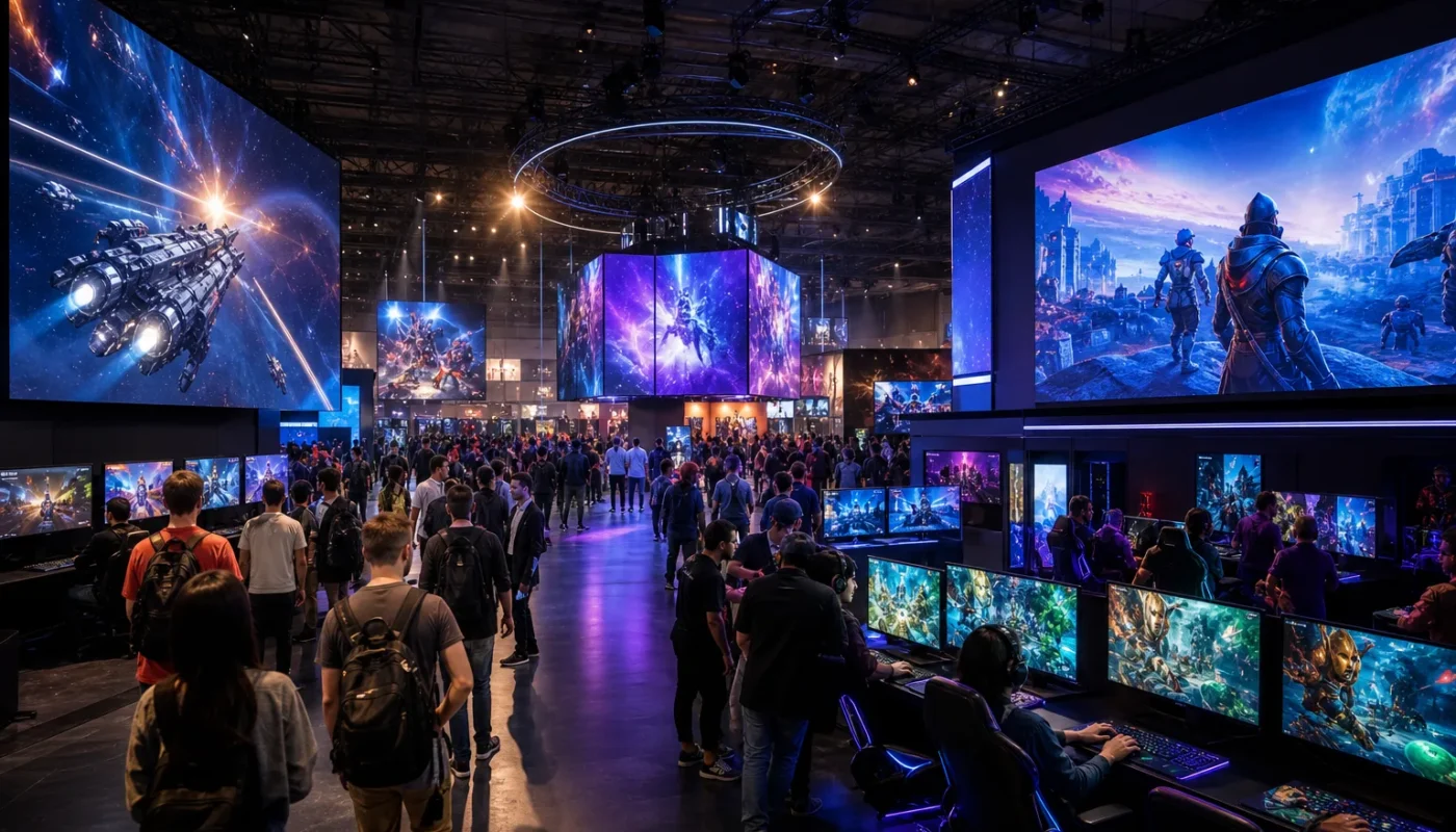 Salon du jeu vidéo avec gamers et stands interactifs en 2026