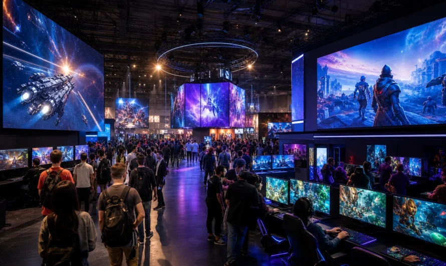 Salon du jeu vidéo avec gamers et stands interactifs en 2026
