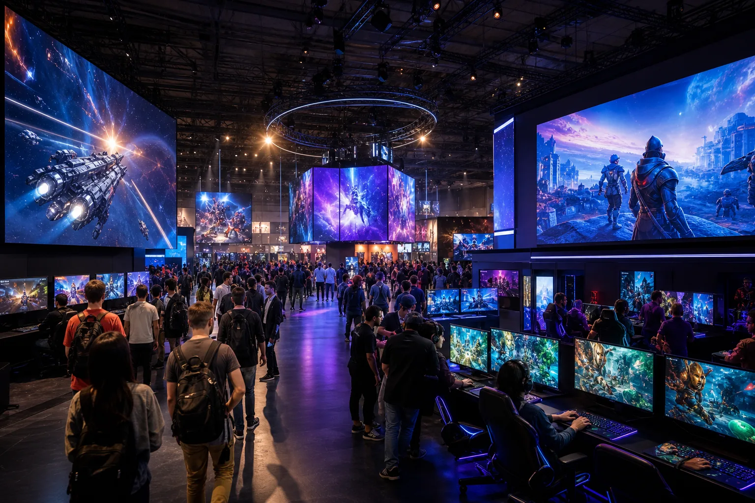 Salon du jeu vidéo avec gamers et stands interactifs en 2026