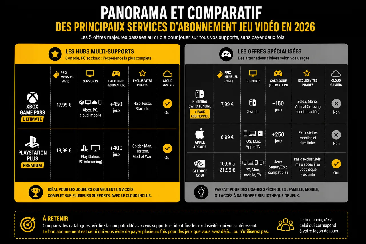 Abonnement jeu vidéo et comment comparer les offres quand on joue sur plusieurs supports? , Panorama et comparatif des principaux services d’abonnement jeu vidéo en 2026