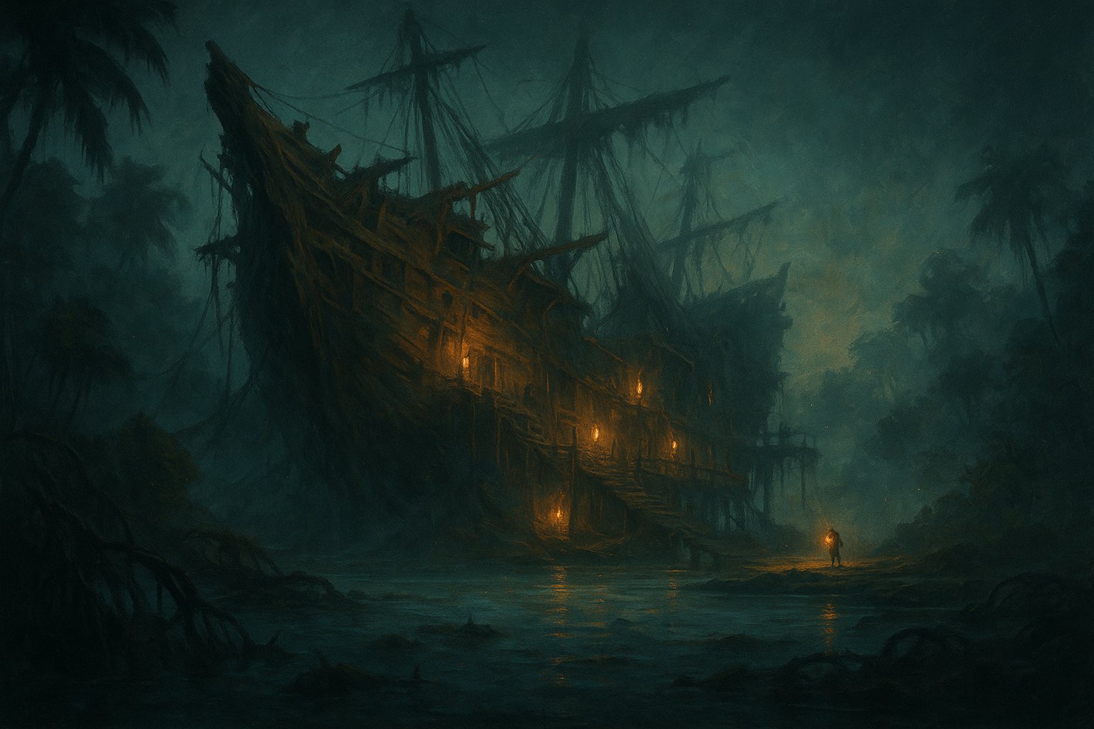 Immense épave de navire échouée sur une île marécageuse brumeuse, évoquant l'Arche d'Otomaï où trouver Armada l'Invincible dans Dofus