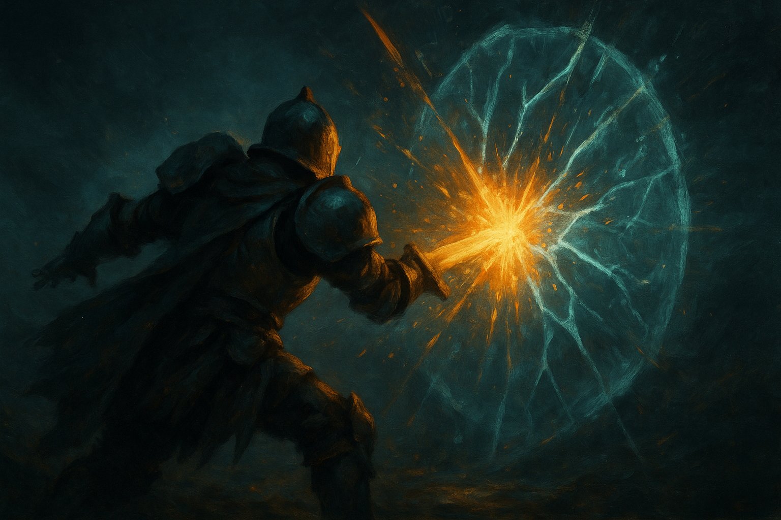 Guerrier stylisé brisant d'un coup critique lumineux un bouclier d'énergie spectral, illustration de la mécanique d'invulnérabilité d'Armada l'Invincible dans Dofus