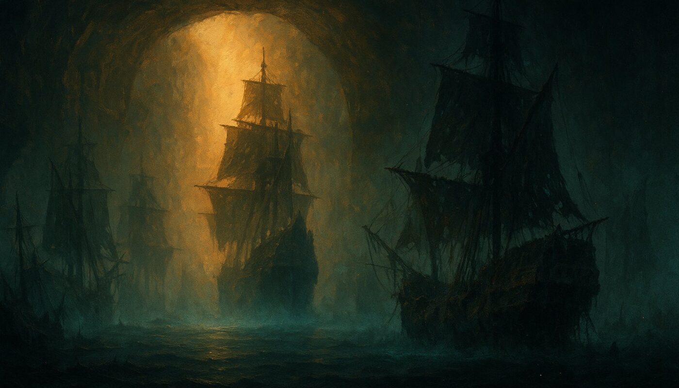 Armada de navires fantomes echoues dans une arche caverneuse, guide Dofus Armada l'Invincible