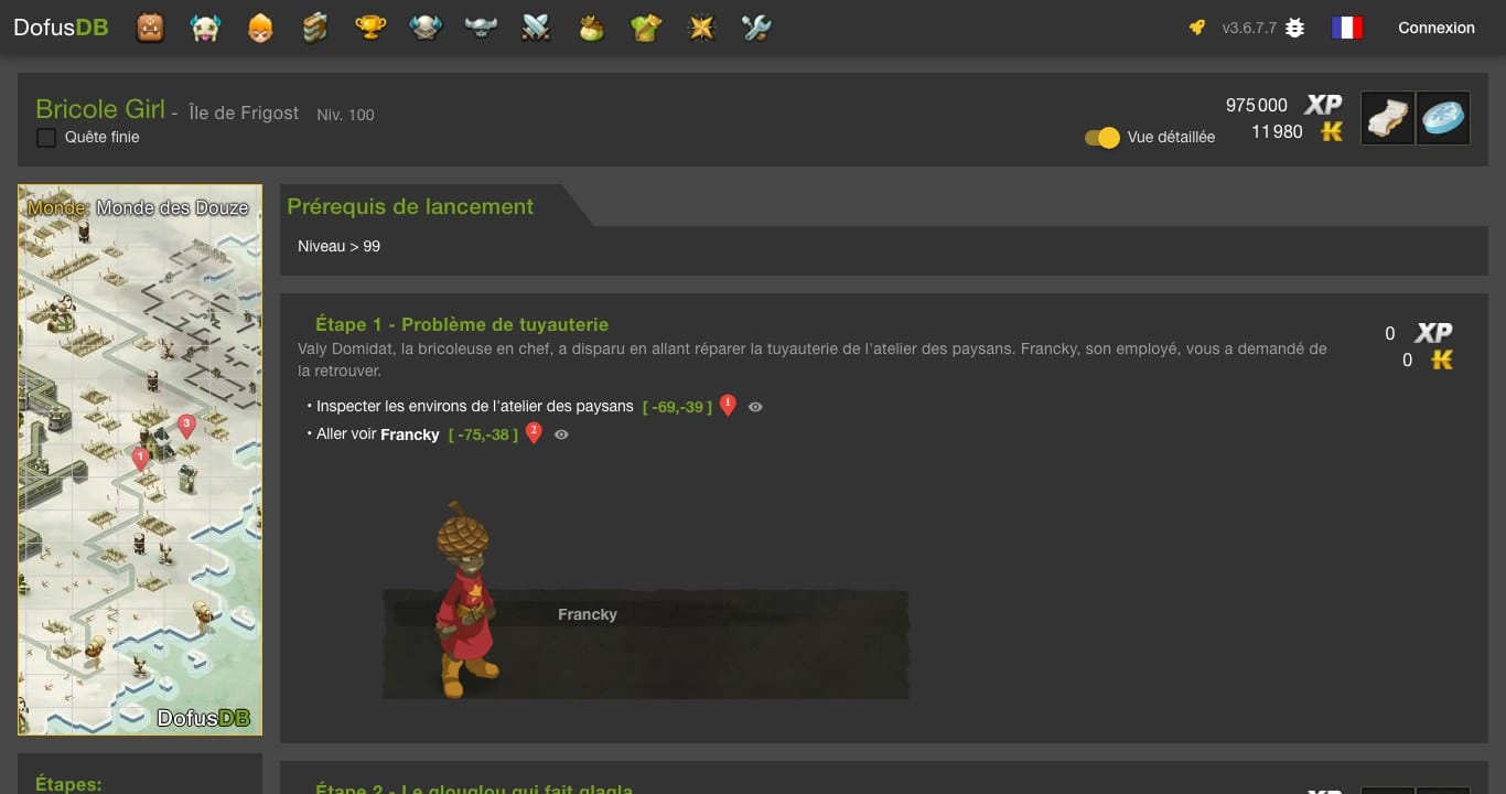 Capture de la fiche DofusDB de la quête Bricole Girl : niveau 100, 975 000 XP, 11 980 kamas et objectifs de l'étape 1