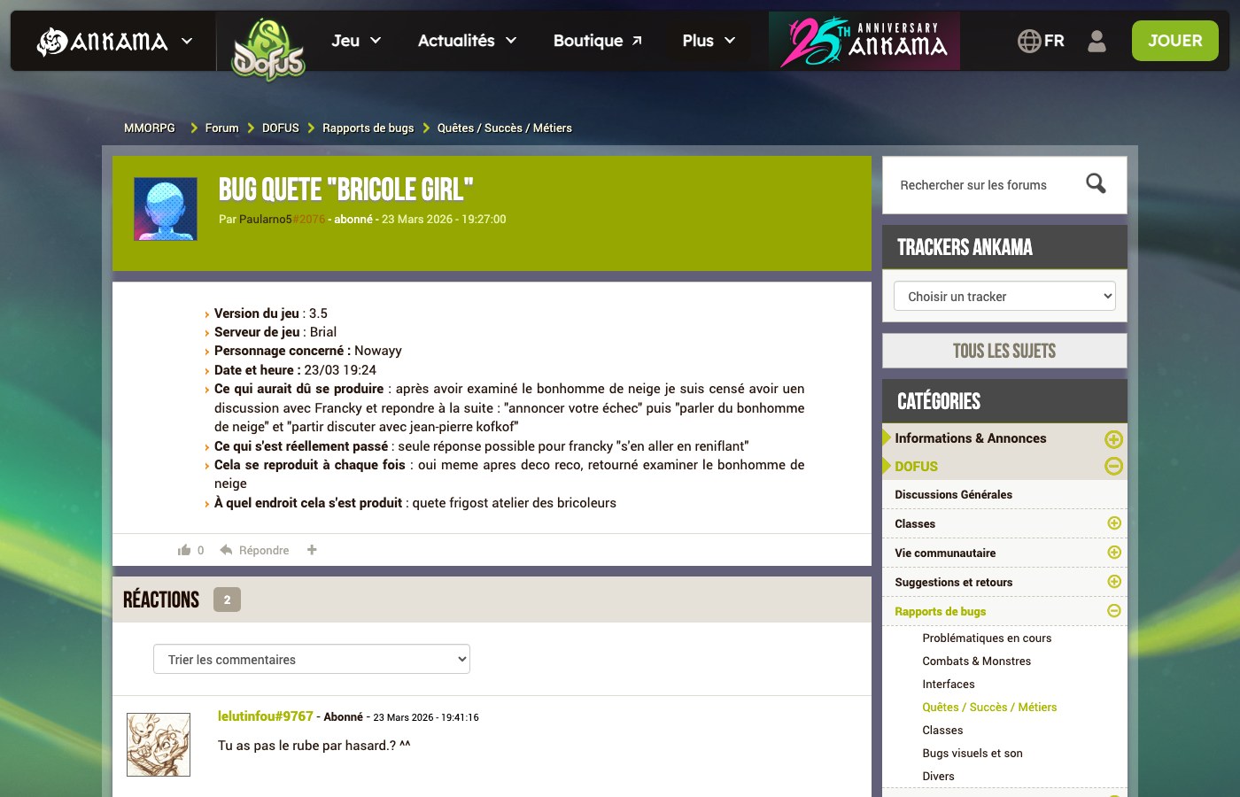 Capture du forum officiel Dofus : rapport de bug de mars 2026 sur la quête Bricole Girl bloquée au dialogue avec Francky