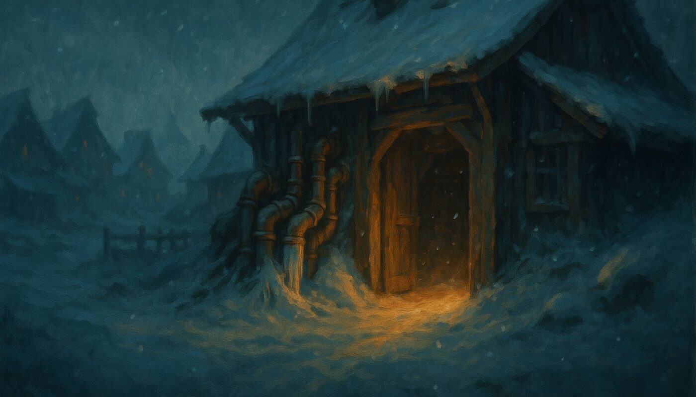 Atelier enseveli sous la neige avec des tuyaux eclates et geles, illustration de la quete Bricole Girl sur Frigost dans Dofus