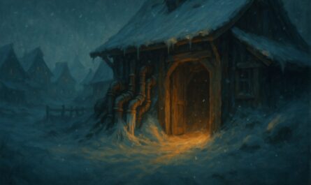 Atelier enseveli sous la neige avec des tuyaux eclates et geles, illustration de la quete Bricole Girl sur Frigost dans Dofus