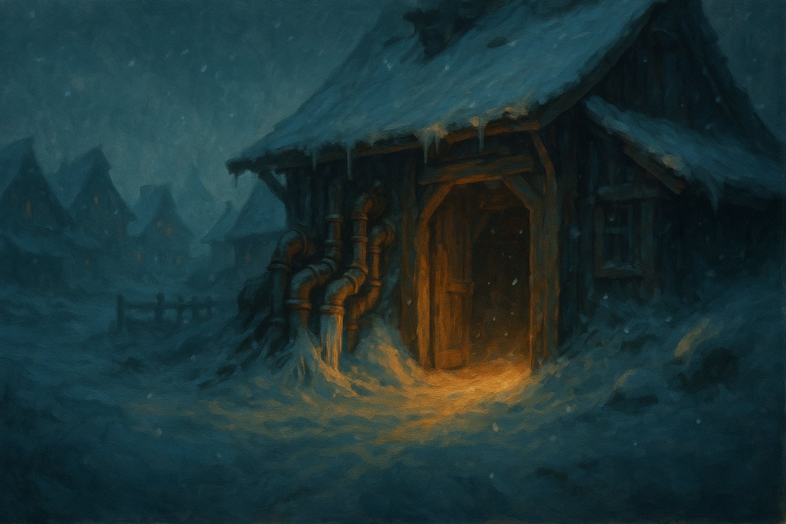 Atelier enseveli sous la neige avec des tuyaux eclates et geles, illustration de la quete Bricole Girl sur Frigost dans Dofus