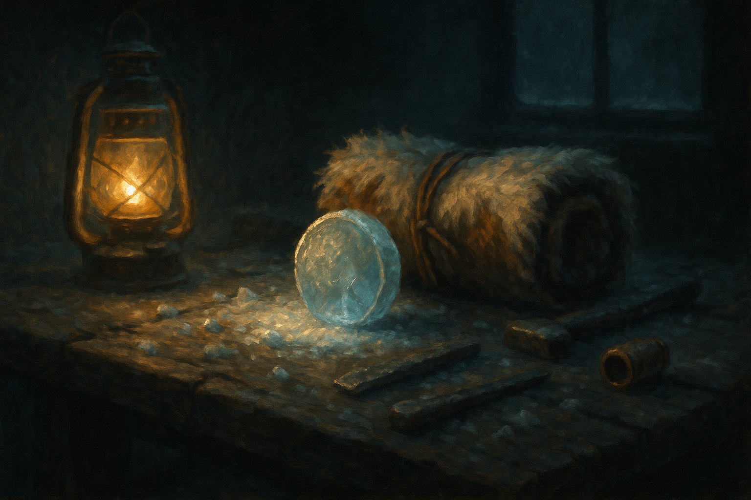 Kama de glace translucide et fourrure roulée sur un établi gelé, récompenses de la quête Bricole Girl dans Dofus