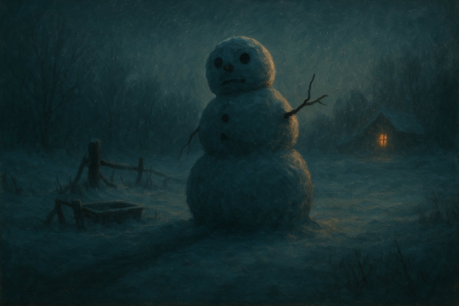 Bonhomme de neige solitaire dans un champ gelé au crépuscule, évoquant l'étape du bonhomme de neige de la quête Bricole Girl