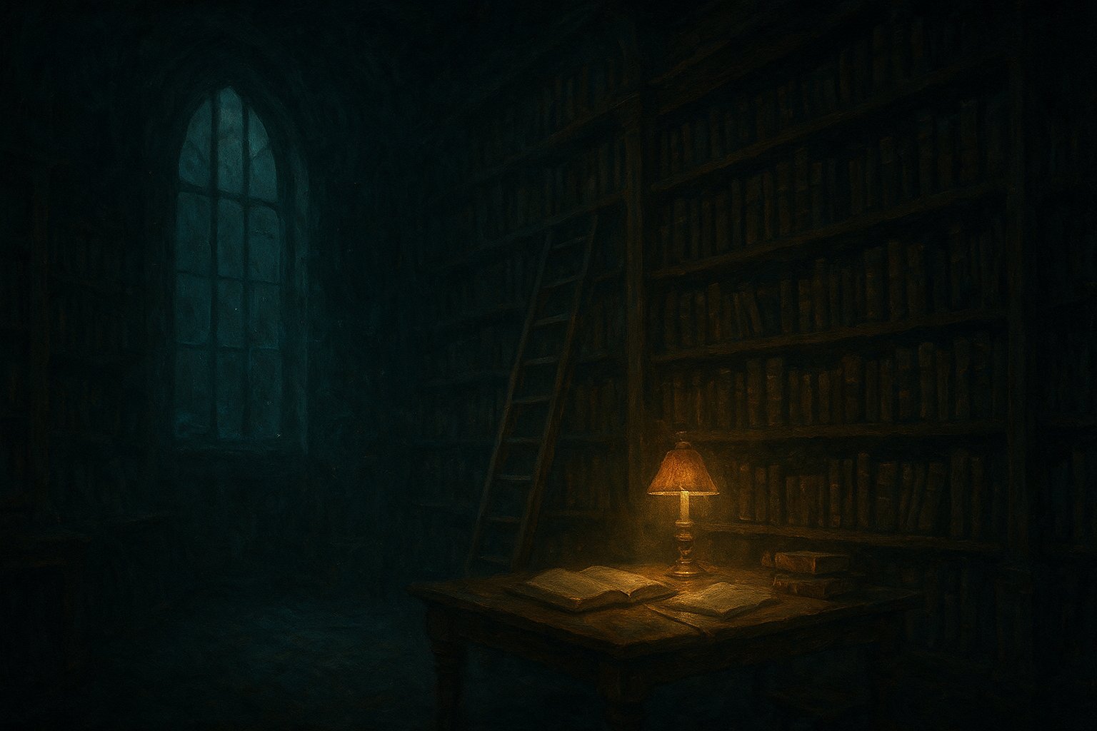 Interieur peint d'une vieille bibliotheque medievale la nuit avec une lampe a abat-jour posee sur une table