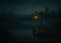 Etang medieval fantastique la nuit avec une lanterne doree sur un ponton et des rides sur l eau sombre