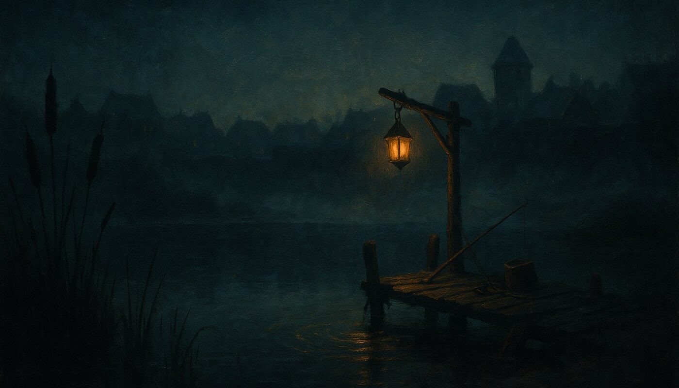 Etang medieval fantastique la nuit avec une lanterne doree sur un ponton et des rides sur l eau sombre